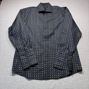 Leonardi Mens 2XL Black Blue Polka Dot French Cuff Button‎ Up Shirt Long Sleeve